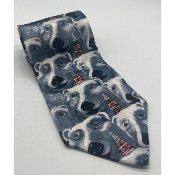 COCA-COLA WHITE CHRISTMAS BEAR DRINKS COKE SILK NECKTIE TIE - Picture 1 of 5